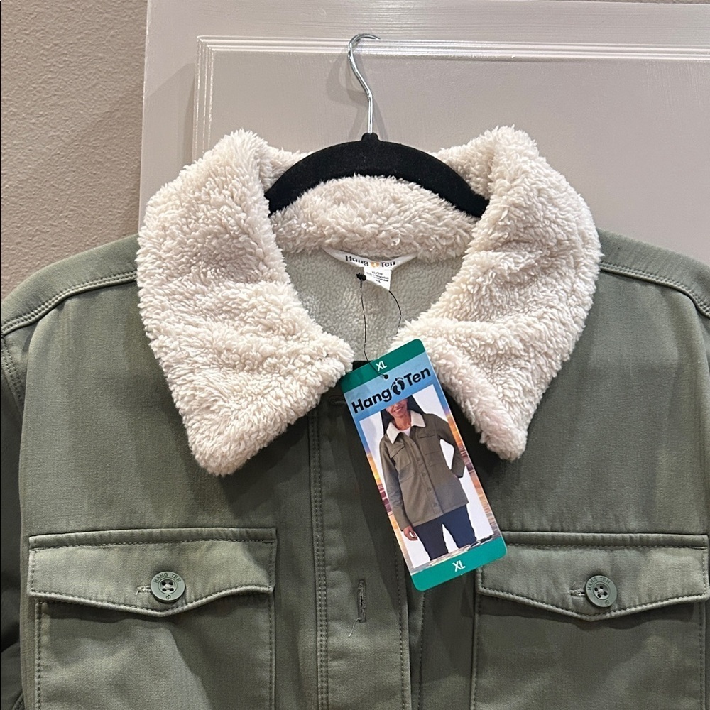 Nwt Hang Ten Olive Jacket with Cream Sherpa Collar, fleece lined, Size XL - Picture 2 of 9